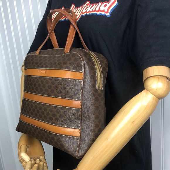 CELINE Macadam Blason Triumph Dark Brown Hand Bag Leather Stripes Authentic - Picture 5 of 17